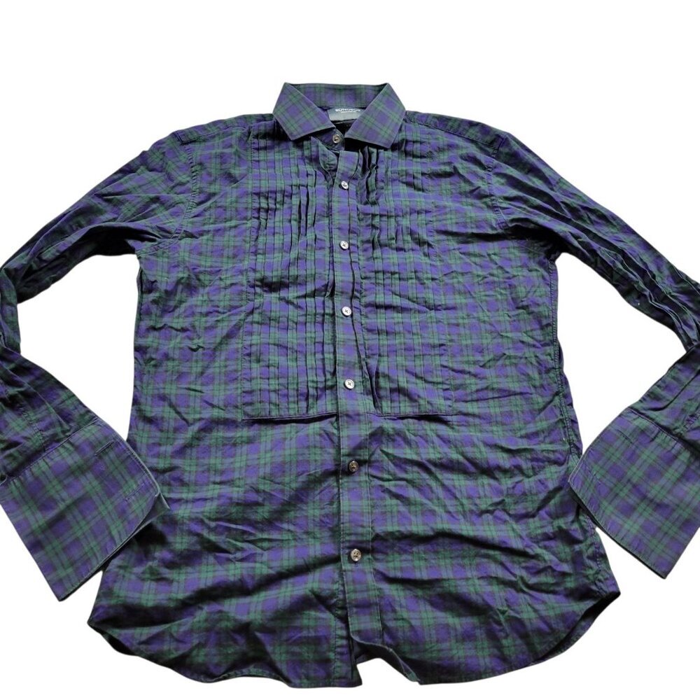 Bonobos Shirt Mens 16.5 35 Blue Green Slim Fit French Cuff Button Down Plaid